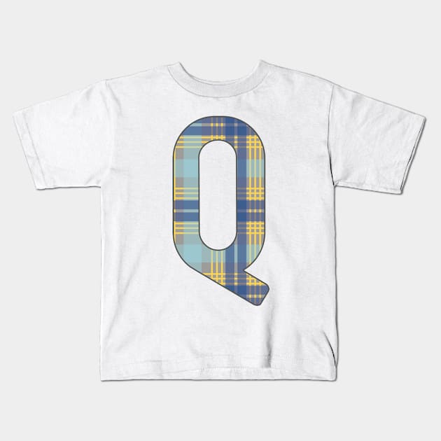 Monogram Letter Q, Blue, Yellow and Grey Scottish Tartan Style Typography Design Kids T-Shirt by MacPean